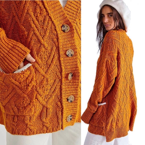 Free People Montana Cable Cardigan Sweater in Pumpkin Pie XS extra small NWT - Picture 6 of 11